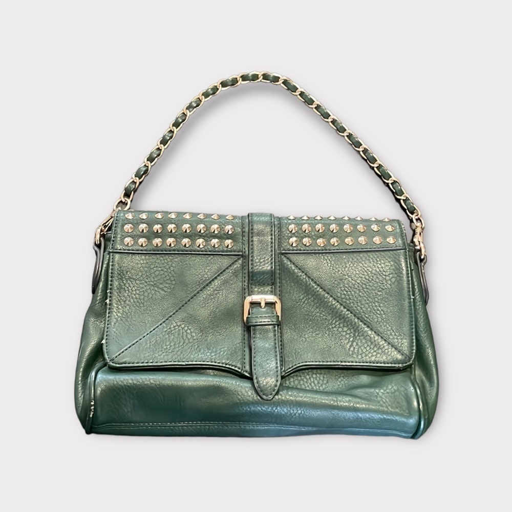 Forest Green Shoulder Bag Studded Flap Woven Metal Strap Magnetic Closures